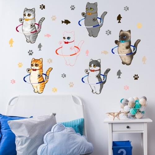 Cartoon Cat Turn Hula Hoop Cat Paw Print Creative Wall Sticker Living Room Bedroom Kindergarten Decorative Wall Sticker
