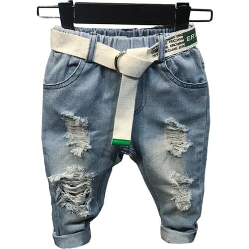 DFXD Boys Jeans Autumn Fashion Cotton Elastic Waist Ripped Jeans Pants Long Broken Hole Denim Pants Trousers Without Belt 2-7Yrs
