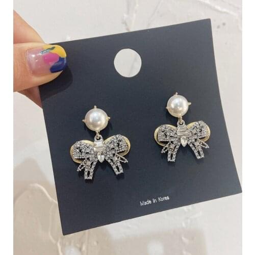 Elegant Korean Rhinestone Cute Bowknot Drop Earrings For Women Girls Fashion Zircon Metal Brincos Pendientes Jewelry