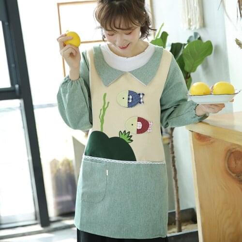 Long-sleeved apron Korean fashion adult kitchen cooking gown cute ladies all-inclusive sleeves