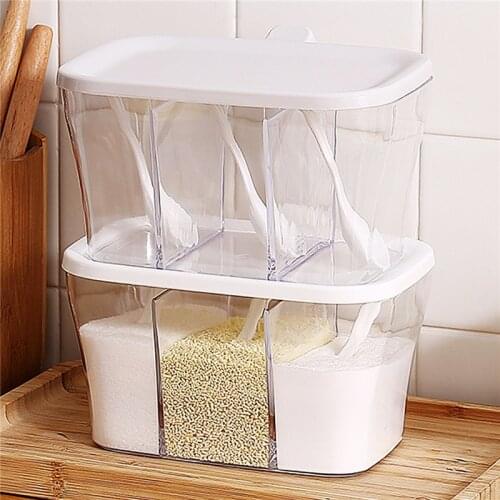 3 Grids Lid Seasoning Box with Spoon Herb Sugar Salt Storage Box Spice Container Condiment Jar Cooking Kitchen Organizer Holder