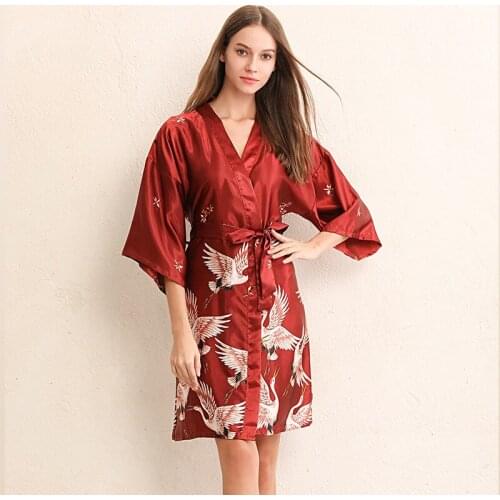 Red Womens Summer Mini Kimono Robe Lady Rayon Bath Gown Nightgown Sleepwear Sleepshirts Pijama Mujer Size M-XXL