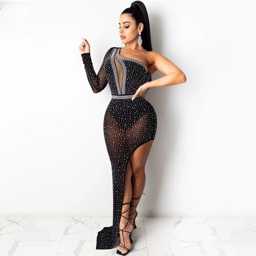 Luxury Celebrity Rhinestone Elegant Maxi Dresses for Women Night Party Mesh Sheer One Shoulder Asymmetrical High Slit Long Dress