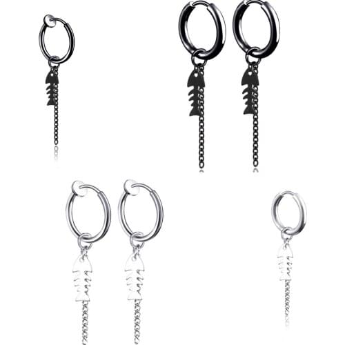 Fashion Fishbone Drop Earrings Chain Hiphop/Rock Dangle Clip Earrings Jewelry Stainless Steel For Men Punk Boys For Party Club