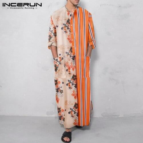 INCERUN Men Muslim Islamic Kaftan Striped Print Patchwork Long Sleeve Button Robes Caftan Dubai Saudi Arabia Men Jubba Thobe 5XL