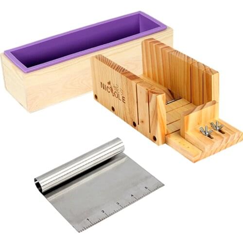 3 PCS Soap Making Tool Set Rectangular Silicone Mold with Adjustable Wooden Loaf Cutter Box and Stainless Steel Blade