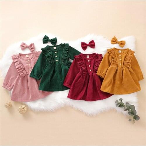 1-5Y Kids Dresses For Girls Party Dress Girls Casual Long Sleeve Corduroy Princess Ruffles Button Dress Autumn Children Clothing