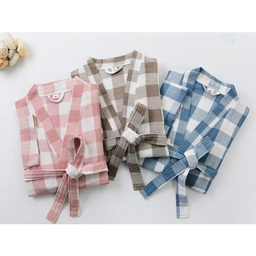 Couple Nightgown cotton double layer crepe cloth moisture wicking yukata men pajamas home service women Plaid bathrobe Pajamas