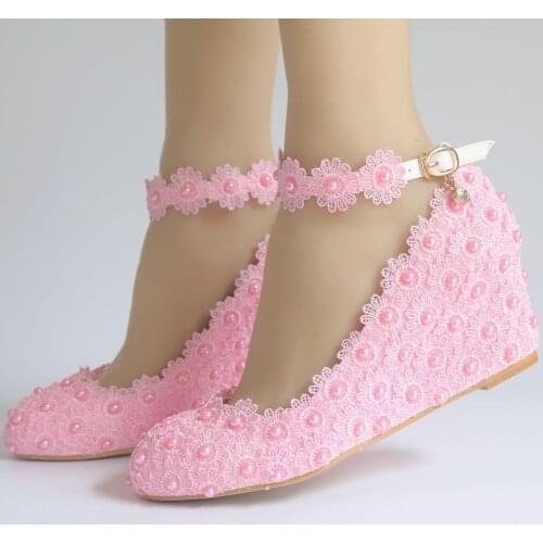 Sexy White Flower Wedding Shoes Lace Pearl High Heels Sweet Bride Dress Shoes Beading Wedges Shoes Pink Women Pumps Large size