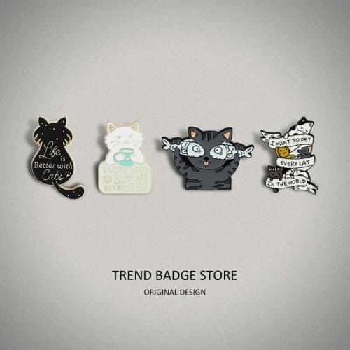 Carefree Cat Drink Coffee Enamel Label Pins Shirt Badge, Cats Good Friend Little Fish Cute Animal Brooch Jewelry