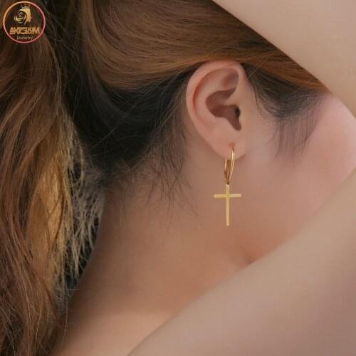 Akizoom Cross Zircon Earrings 14K Gold Color Stainless Steel for Women Fashion Elegant Hoop Earrings Jewelry Birthday Gift