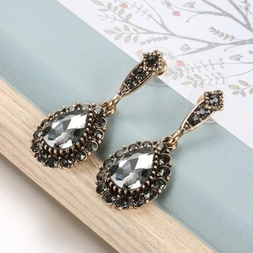 Turkish Water Drop Grey Stone Drop Earrings Retro Gold Plated Macedonia Bridal Jewelry Dangle Earring Boho Style