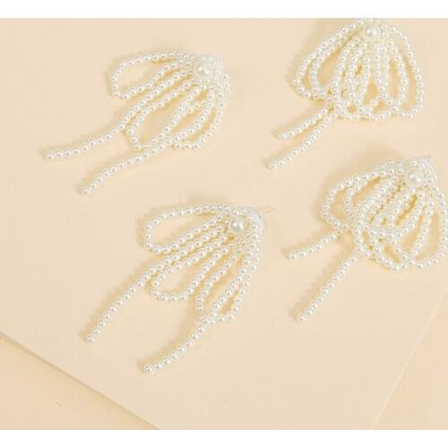 Female Fashion Handmade String White Pearl Drop Earrings For Women Girl Korean Style Trendy Multilayer Bowknot Dangle Earring