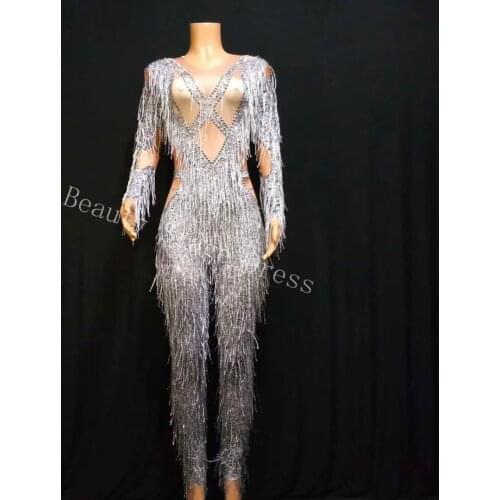 Grey Printed Jumpsuit Long Sleeves Tassel Sexy Cross Hot Drilling Women Nightclub Bar Show Dance costume Birthday Party Wear