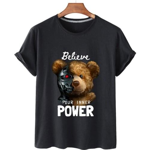 Pure Cotton Machine Power Bear Print Short-sleeved O-neck Loose Casual Top T-shirt Women Oversized T-shirt Men And Women S-3XL
