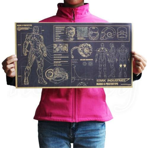 Vintage Iron Man Design Drawings Posters Kraft paper Home Decoration 51.5 X 29cm