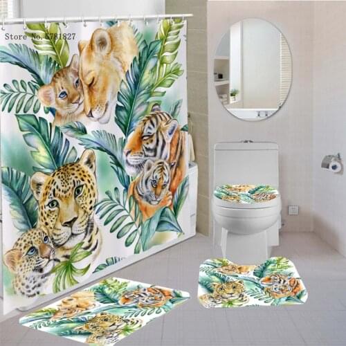 3/4Pcs Set Shower Curtain Tiger Leopard Floor Mat U Shape Mat Toilet Lid Cover Bath Curtain Fruit Bathroom Rugs Bath Mat Decor