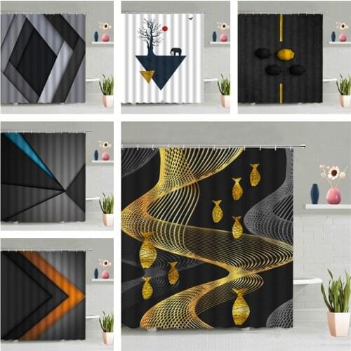 Nordic Modern Geometry Shower Curtain Black Gold Stripe Ripple Bathroom Wall Hanging Curtains Waterproof Fabric Screen Decor Set