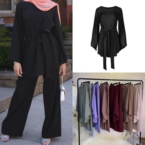 Middle East Clothing Muslim Commuter Womens Long-sleeved Trouser Sets Dubai Fashion Temperament Ladies Sets Soild Color Sets