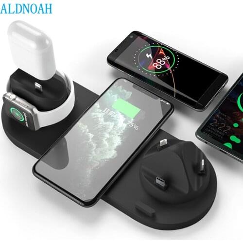 10W Qi Wireless Charger Station 6 in 1 For Iphone Airpods Micro USB Type C Stand phone Chargers For Apple Watch airpods Charging