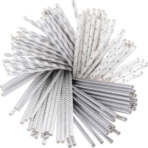 100 Pcs Wedding Party Paper Straw for Birthday Drinking Decorations Parties (Silver)