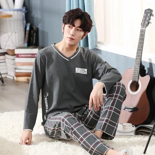 2020 Autumn Plus Size Cotton Long Sleeve V-neck Pajama Sets for Men Plaid Pants Sleepwear Suit Pyjama Male Homewear Home Clothes
