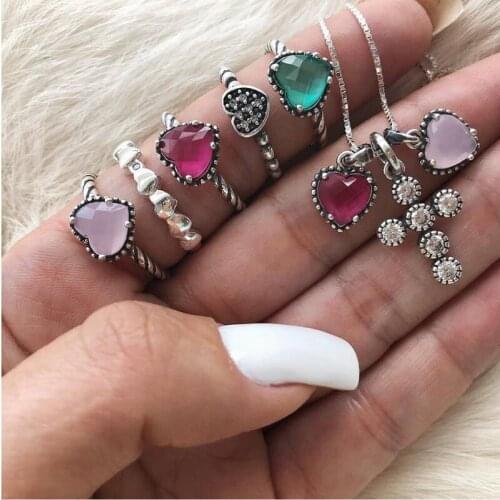 6PC/SET Vintage Colourful Transparent Red Green Heart Crystal Rings Set for Women Girls Party Jewelry Cross Pendant Choker Gifts