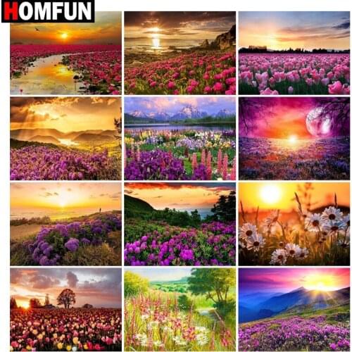 HOMFUN Diamond painting "Flower field Sunset" Full Square/Round Drill Wall Decor Inlaid Resin Embroidery Craft Cross stitch