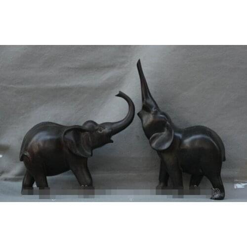 9" Old Chinese Fengshui Bronze Lucky Elephant Animal Sculpture Statue Pair Q