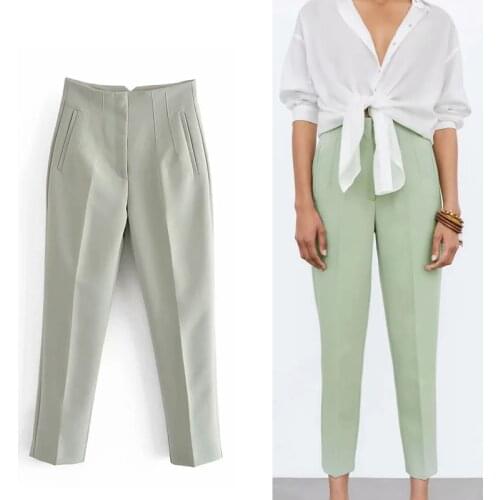 TRAF Za Green Pants Women High Waisted Trousers Office Straight Suit Pants Female Casual Pleated Zipper Summer Pants Woman 2021