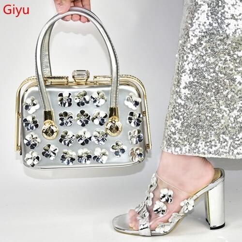 Doershow New Arrival African Wedding Shoes and Bag Set silver Italian Shoes with Matching Bags Nigerian Women party!SLV1-2