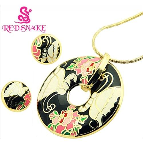 RED SNAKE New Luxury Butterfly Fish Flower Pattern Enamel Jewelry Set Round Earrings & Pendant Necklace Bridal Wedding