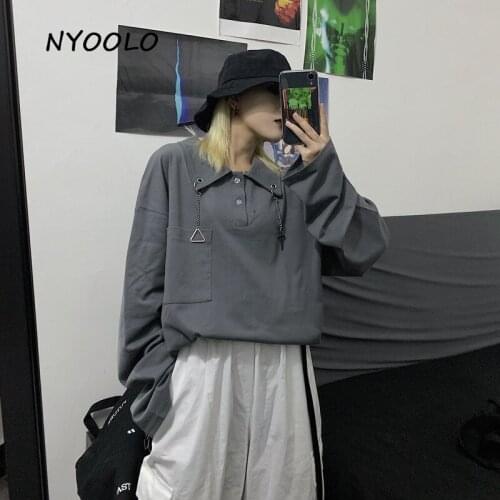NYOOLO Novelty design Cross Pendant patchwork tee shirt Autumn streetwear turndown collar Long Sleeve T-Shirt women men tops