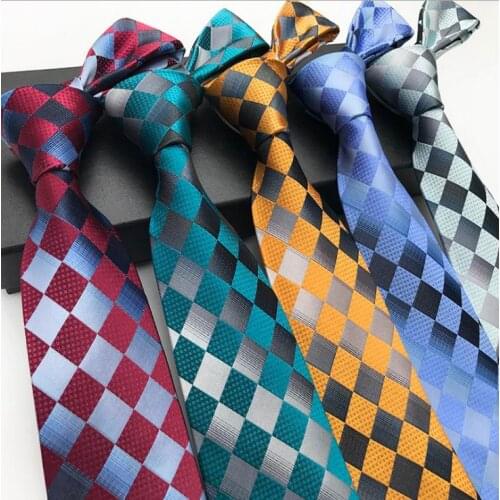 New Design 8cm Red Blue Jacquard Woven 100% Silk Ties Mens Neck Tie Checks Ties for Men Wedding Suit Business Party Gravatas