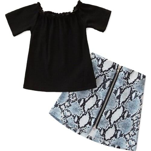 New Girls Clothing Set Short Sleeve Ribbed Tops and Snakeskin Print Skirt Two-piece Suit for Vacation Birthday Party