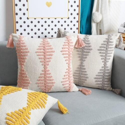 Moroccan Handmade Pillowcase Pink Blue Yellow Gray Dimensional Embroidery Cushion Cover Tassel Sofa Cushion