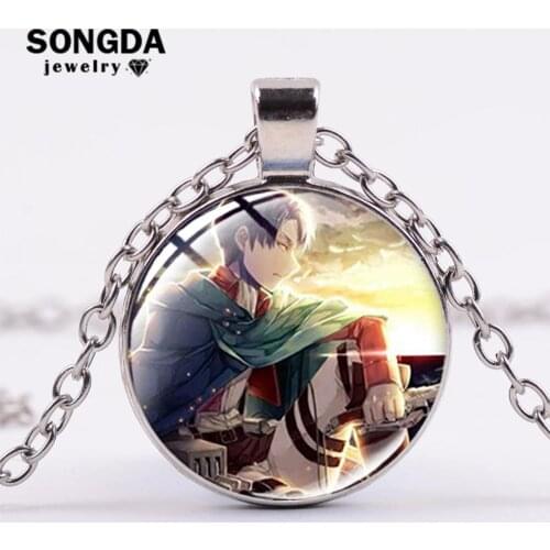 SONGDA Fashion Anime Attack on Titan Necklace Survey Corps Levi Eren Patterns Glass Cabochon Pendant Necklace Otaku Cosplay Gift