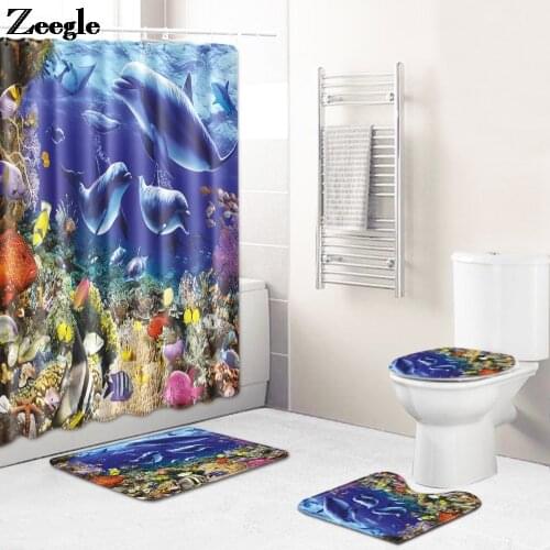 Bath Mat and Microfiber Shower Curtain Set in the Bathroom Washable Dolphin Print Toilet Mat for Absorbent AntiSlip Foot Rug Set