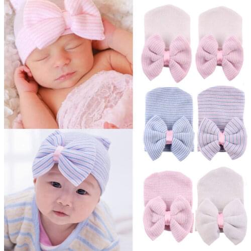 New Autumn Winter Knit Warm Baby Girls Boys Beanie Hats Bow Striped Solid Cotton Lovely Cute Baby Hats