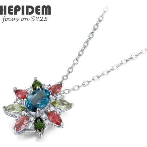 HEPIDEM 100% Really Topaz Pendant Necklace Women 925 Sterling Silver Natural Blue Gemstones Choker Statement with Chain H1545