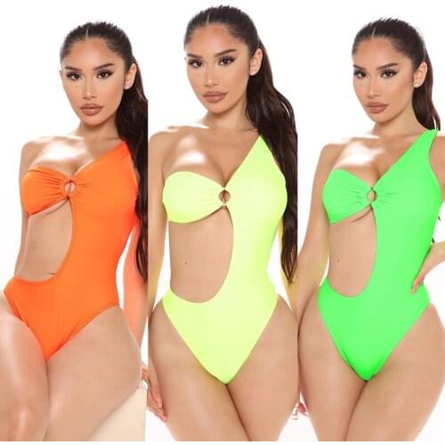 Sexy Neon One Piece Bikini Women Push Up Swimsuit One Shoulder Swimwear 2021 New Female Brazilian Biquini Triangle Cut Beachwear