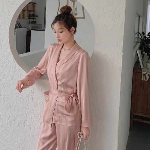 Women Spring Three-piece Sling Trousers Pajamas Long Sleeve Sleepwear Pink Striped Satin Lounge Wear Sexy Pijama Home Nightwear
