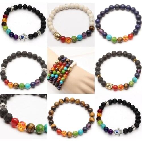 Natural Lava Stone Beads Healing Balance Chakra Charm Bracelet Tiger Eye Bead Tibetan Buddha Prayer Bracelet for Women Men