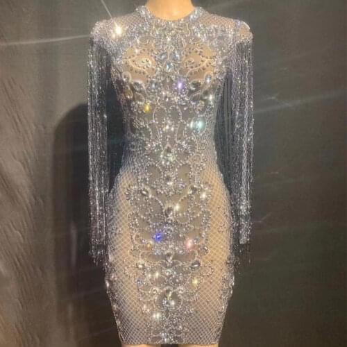 Long Sleeve Mesh Perspective Tight Stretch Women Dresses Shiny Crystal Short Dress Birthday Party Outfit Nightculb Dance Costume