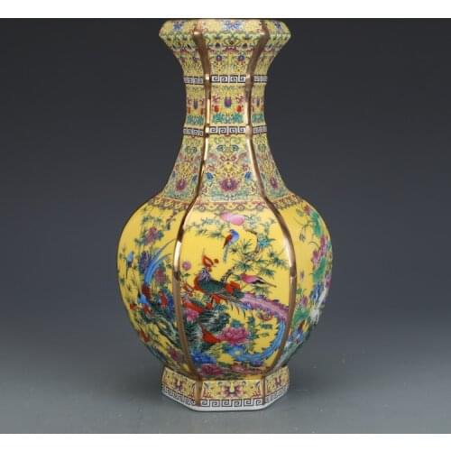 Yellow color golden enamel flower bird pattern hexagonal vase antique ornaments Jingdezhen porcelain