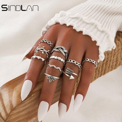 Sindlan 10Pcs Punk SIlver Color Heart Ring for Women Bohemia Vintage Geometric Leaf Female Finger Fashion Jewelry Gift