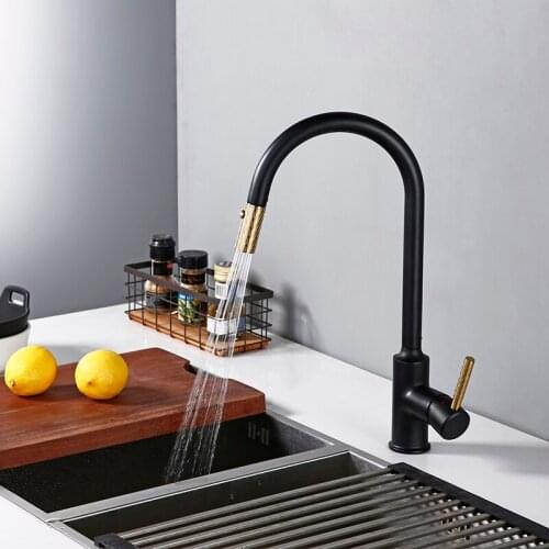 New Arrival Wholesale Solid Brass Heavy Super Quality Round Style Matt Black Brushed Gold Kitchen Faucet With Pull Out Sprayer
