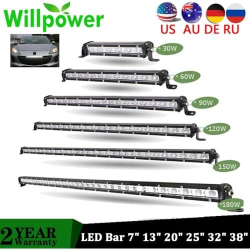 Willpower Super Bright Single Row Slim Light Bar 90W 120W 180W 7" 13" 20" 25" 32" 38'' SUV 4X4 ATV Off Road Work Light 12V 24V