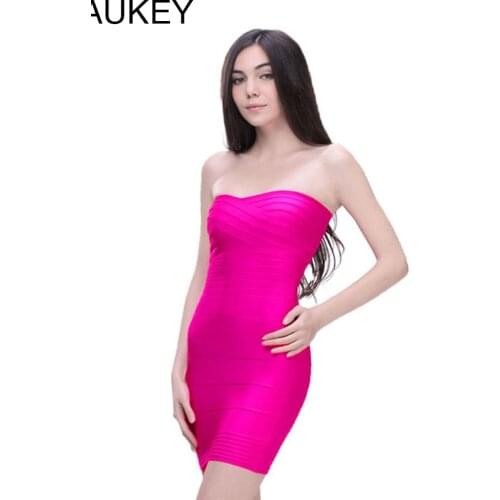 Hot Pink Strapless Knitted Elastic Sexy Womens Bodycon Mini Hot Pink Bandage Dress