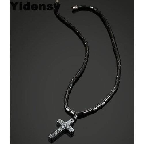 Yidensy Fashion Punk Cross Jesus Pendant Neckalces Health Care Hematite Beads Necklace for Women Men Christian Pray Jewelry